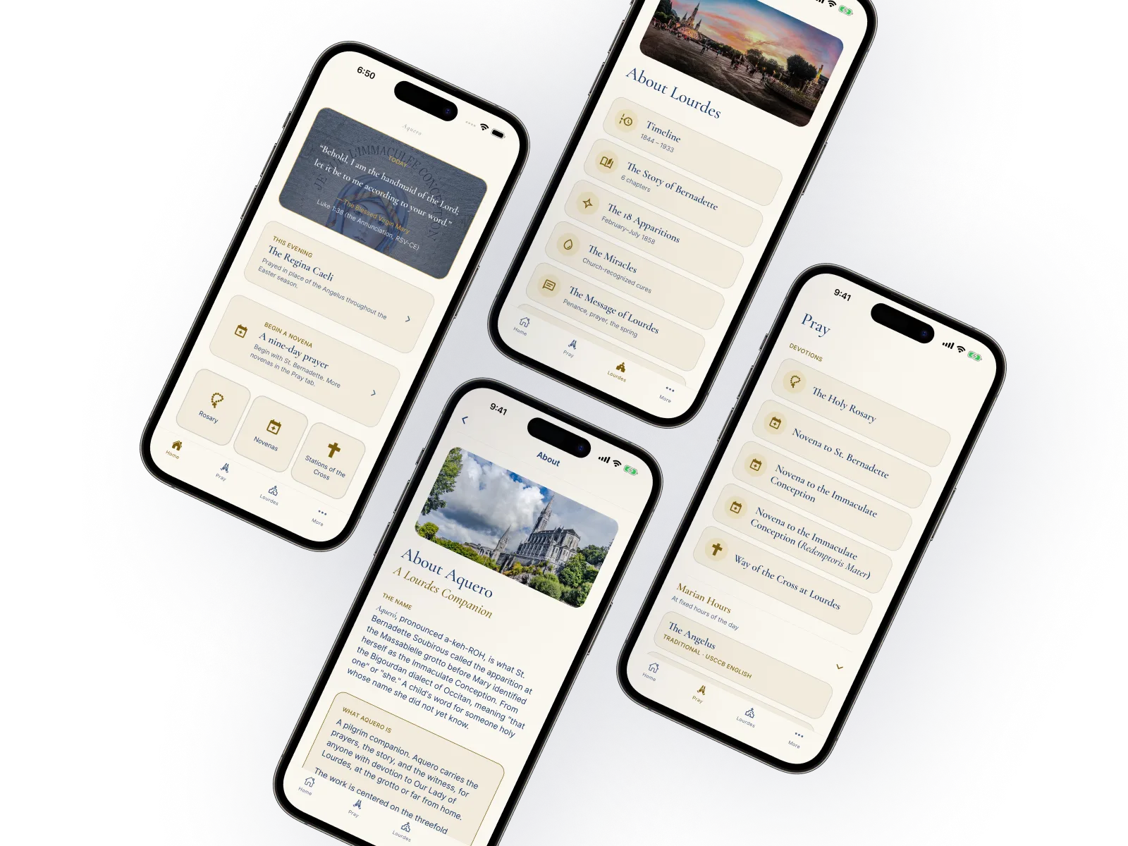 Four iPhones showing the Aquero app: the home screen with the Annunciation quote, the About Lourdes page, the About Aquero page, and the Pray tab listing the Rosary and novenas.