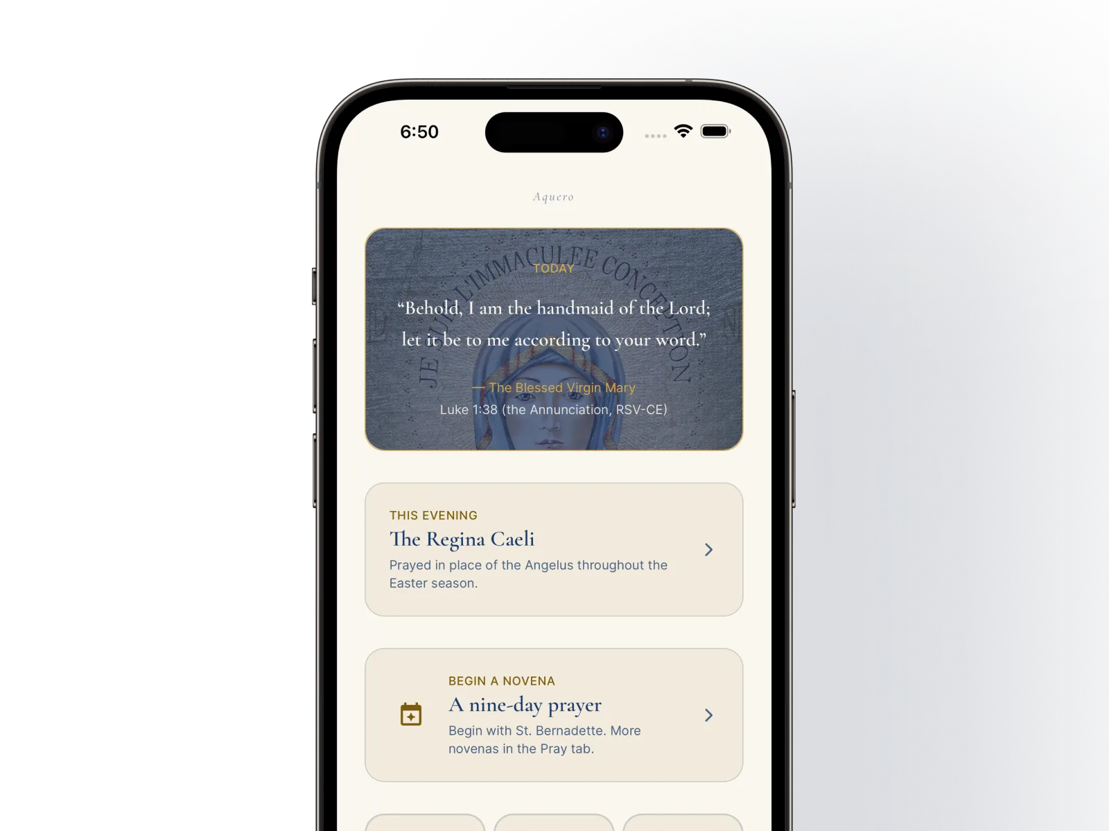 The Aquero app on iPhone, showing the home screen with the Annunciation quote and the day's evening prayer.