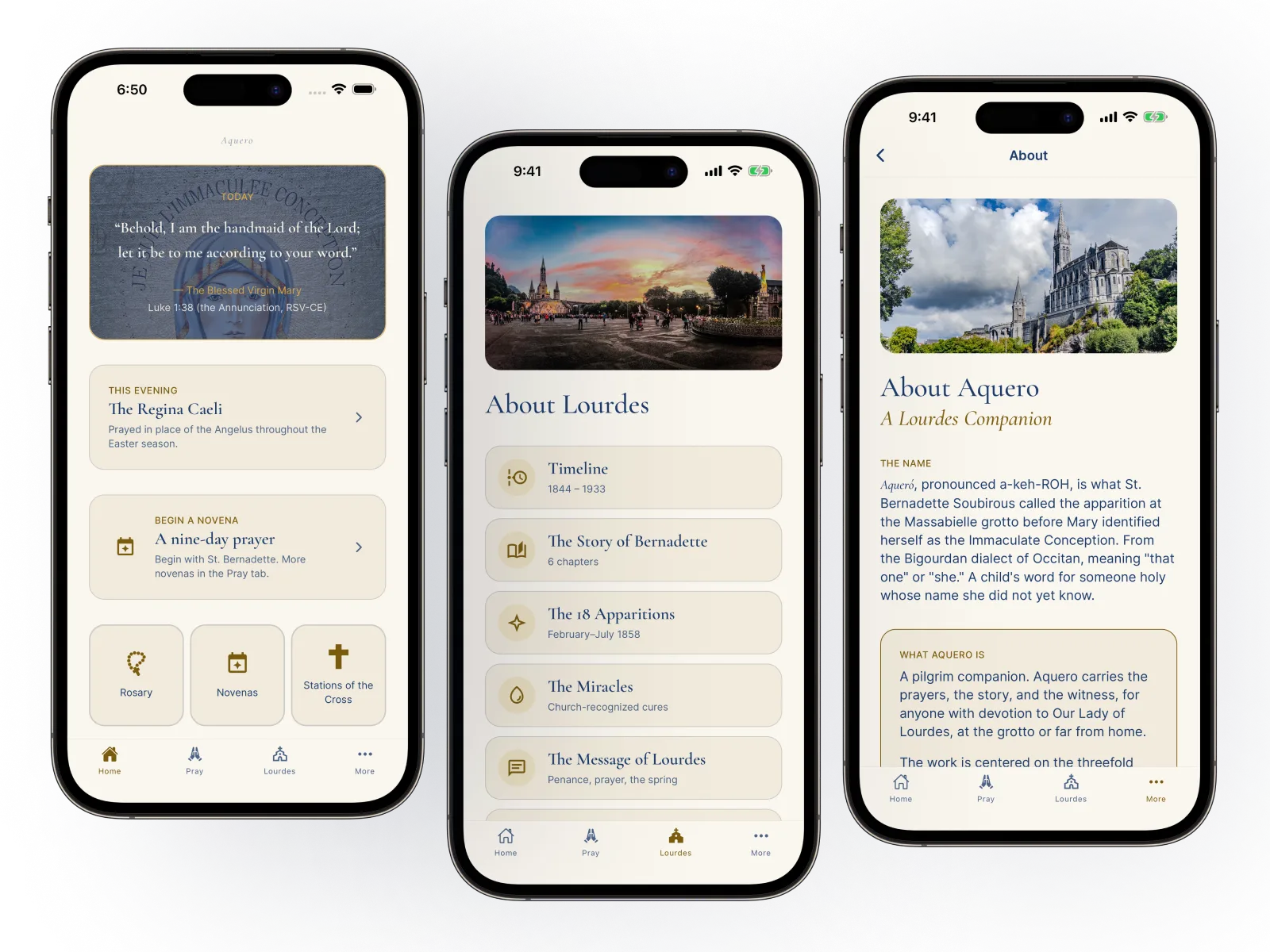 Three iPhones showing the Aquero app: the home screen, the About Lourdes page, and the About Aquero page.